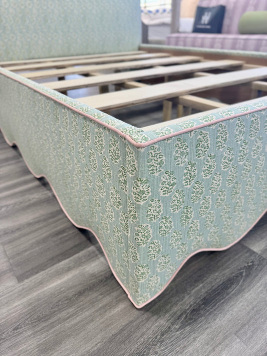 65”H Queen Platform Upholstered Bed - Perry Green Polyester Fabric - Pink Trim