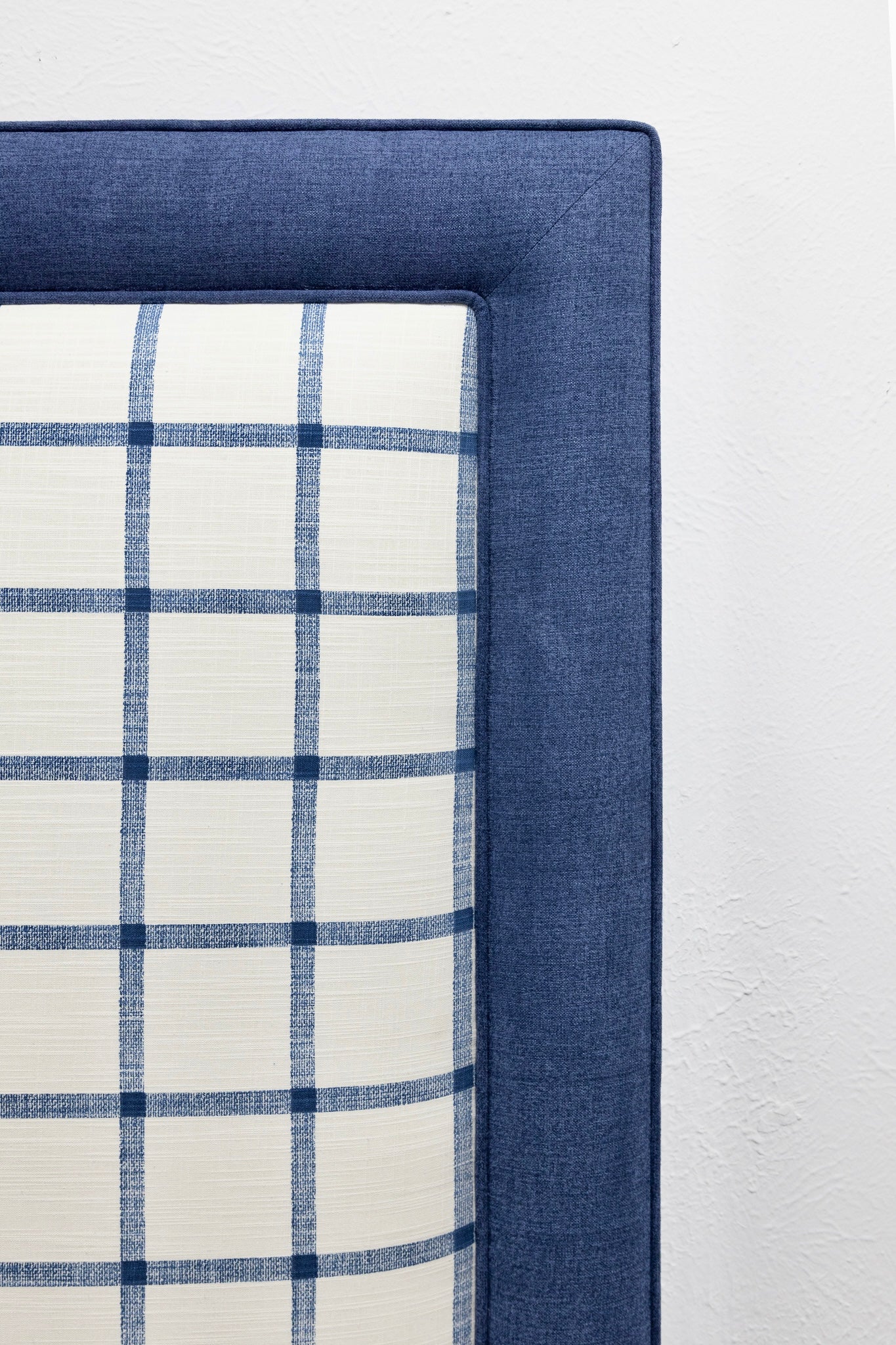The Lorraine Queen Headboard - Navy Plaid Fabric - Navy Trim