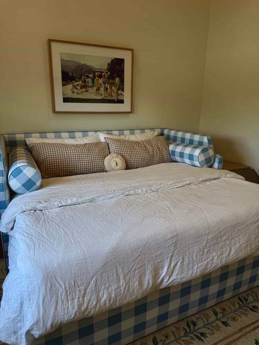 Twin to king Upholstered Trundle Daybed in Buffalo Blue Fabric - Sky Blue Trim