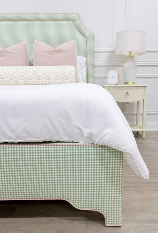65”H Queen Platform Upholstered Bed - Sage Green Gingham Fabric with Blush Pink Trim