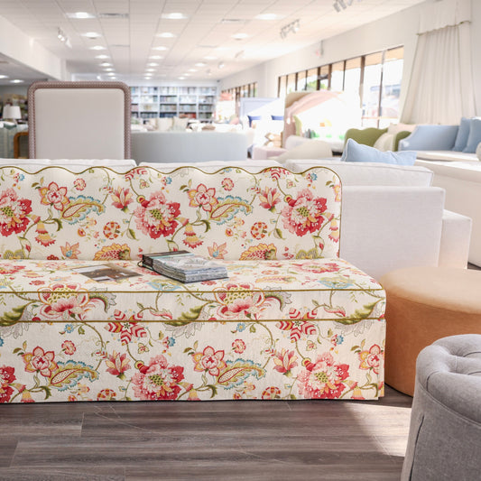76"L Custom Scalloped Banquette in Ophelia Blossom - Modern Upholstered Dining Banquette with Pleated Skirt