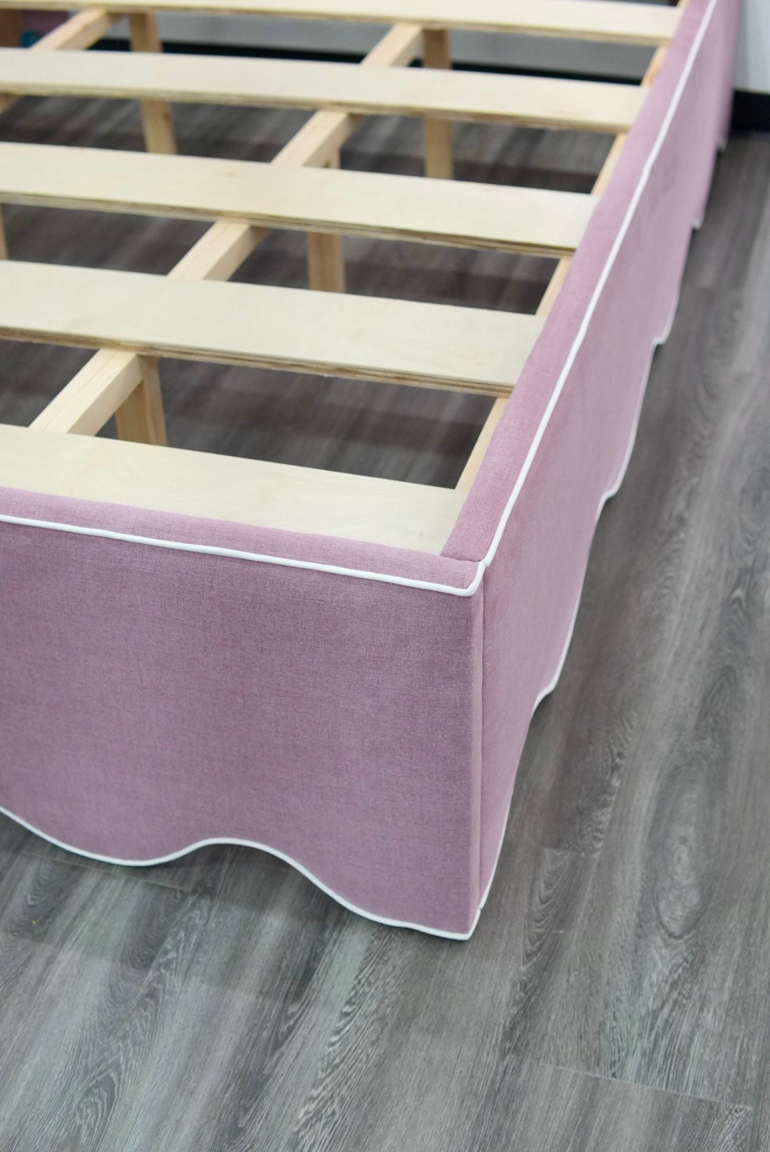 The Helena Queen Bed - Scalloped Base - Lavender Woven Fabric - White