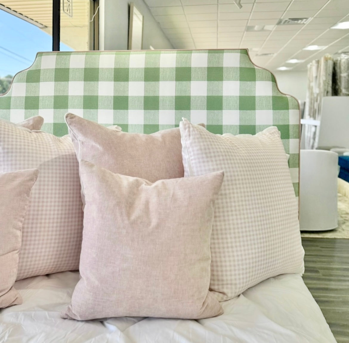 The Helena Queen Bed - Scalloped Base - Buffalo Sage Green Fabric - Pink Trim