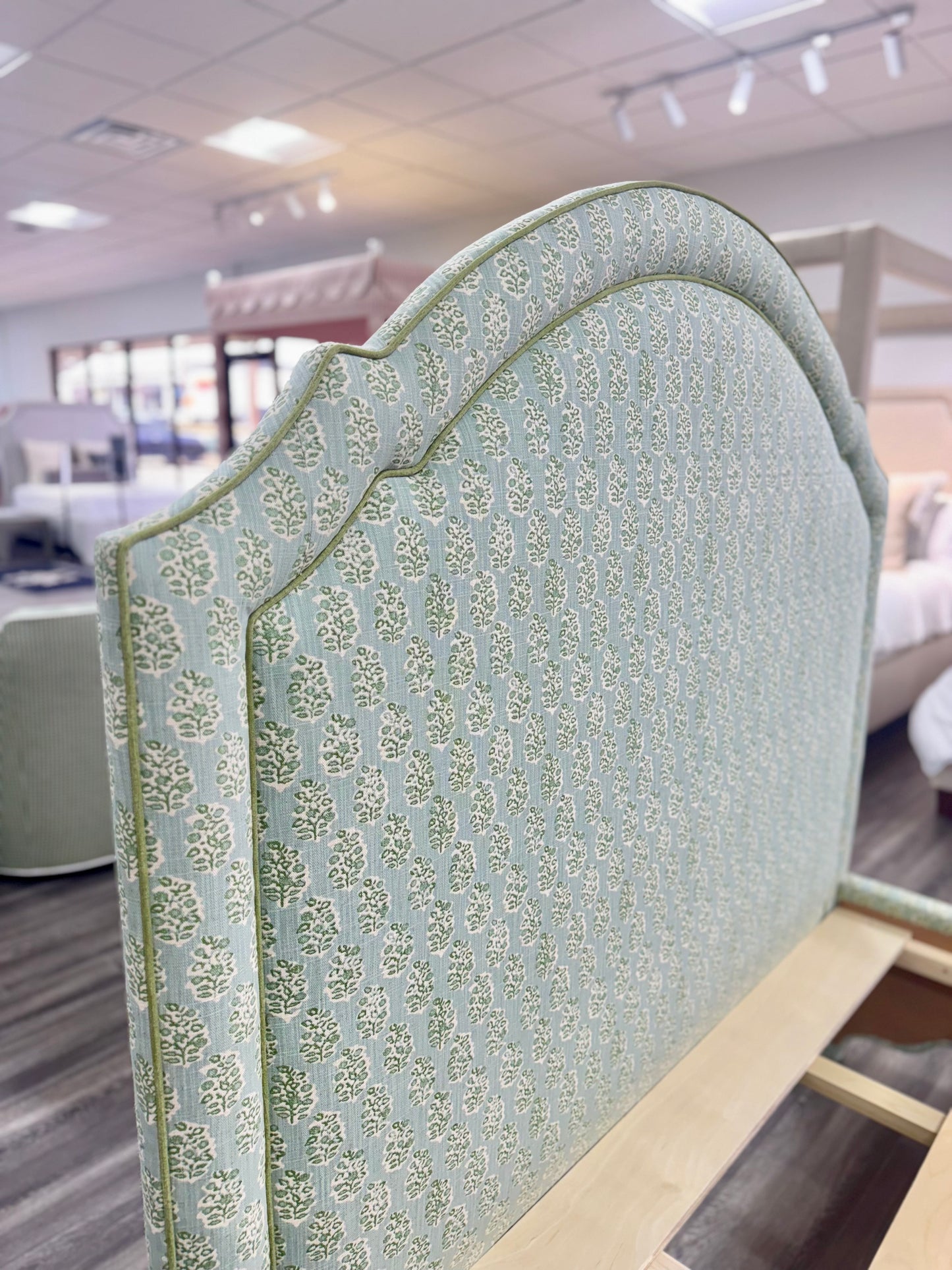 The Grace Queen Bed - Perry Green Polyester Fabric - Green Trim