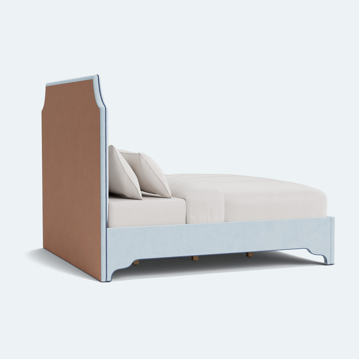 65”H Queen Platform Upholstered Bed - Sky Blue Woven Fabric - Navy Trim