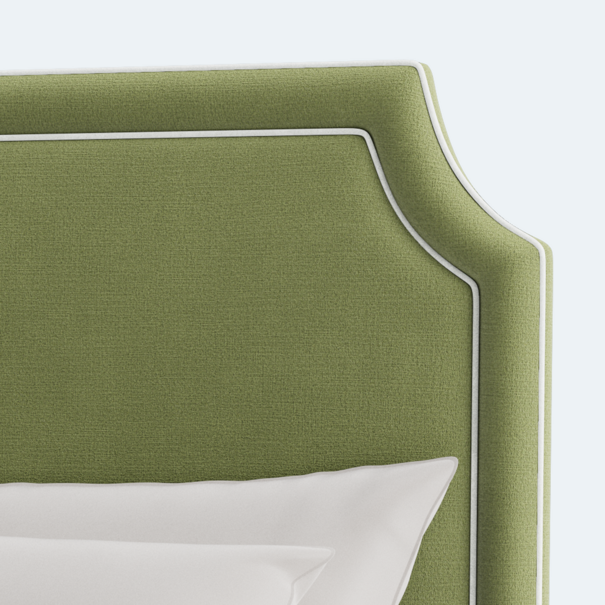 The Addison Queen Bed - Scalloped Legs - Pistachio Green Woven Fabric - White Trim