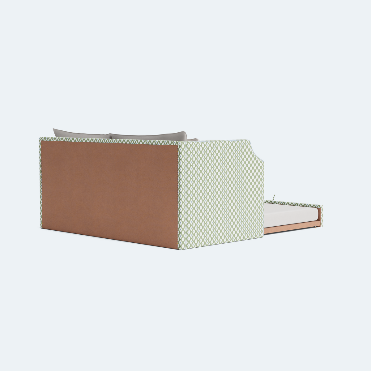 The Addison Twin Trundle Daybed - Mia SageGreen/Blue Fabric - Sky Blue Trim