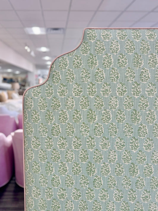 65”H Queen Platform Upholstered Bed - Perry Green Polyester Fabric - Pink Trim