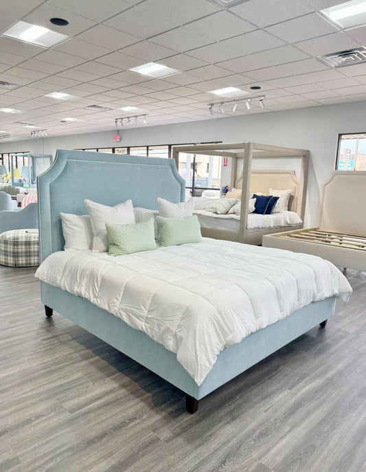 65" H King Platform Bed - Wooden Legs - Seafoam Blue Chenille Fabric with White Trim