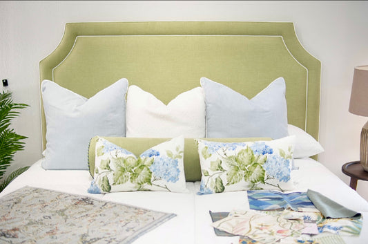 65"H King Headboard in Pistachio Green Woven Fabric - White Trim