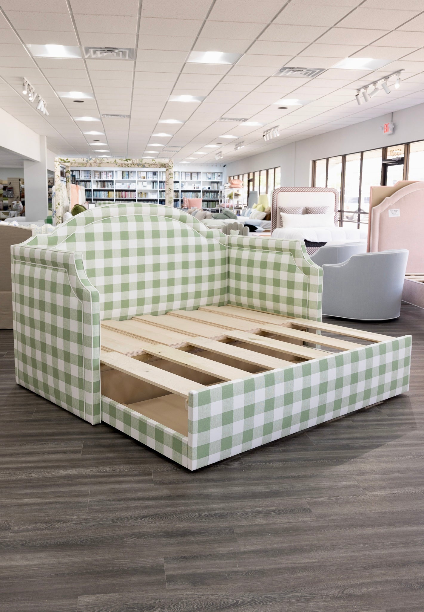 The Grace Twin to King Trundle Daybed - Buffalo Sage Green Fabric - White Trim