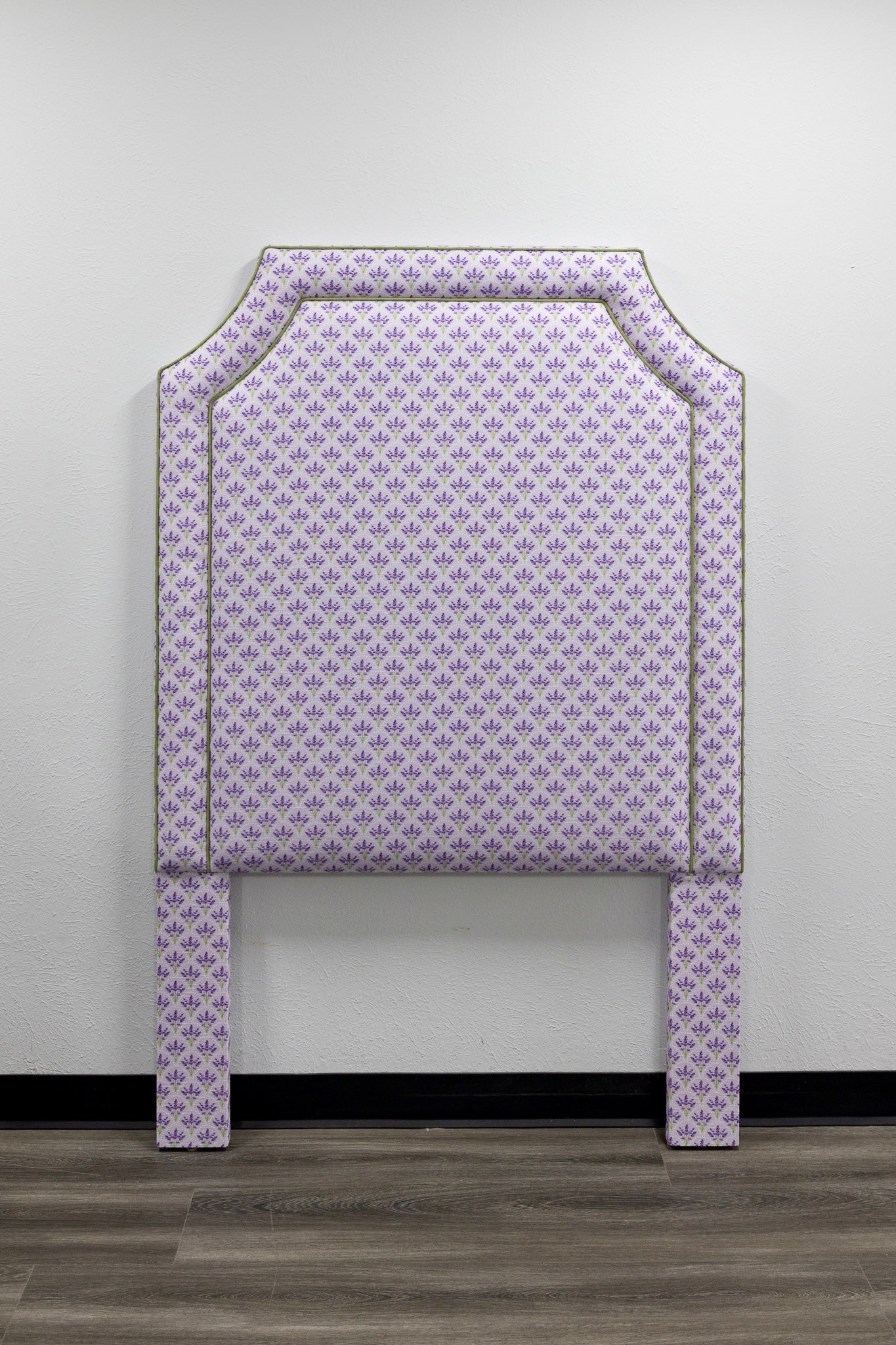 The Addison Twin Headboard - Lavender Floral Linen Fabric - Green Trim