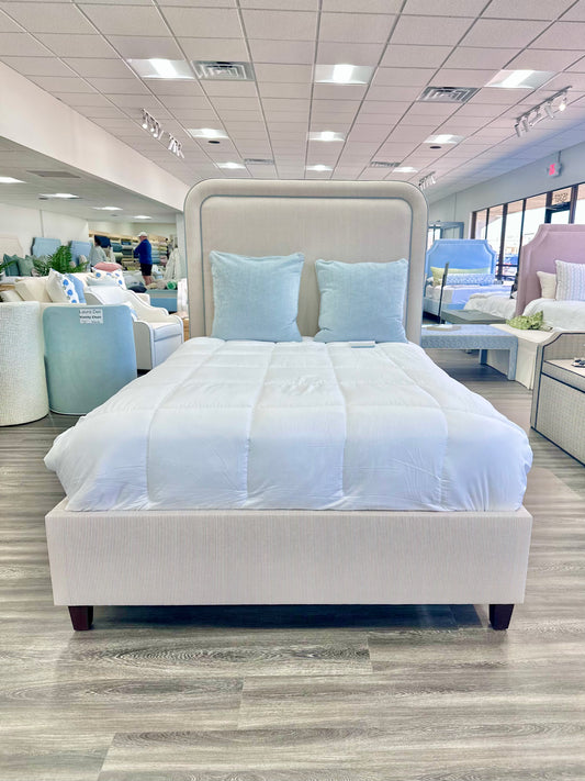 65”H Full Size Upholstered Bed with - Striped Serena & Lily Fabric - Sky Blue Trim