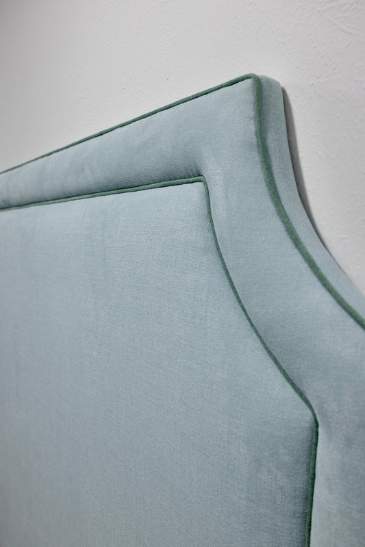 The Addison King Headboard - Sky Blue Woven Fabric - Sage Trim