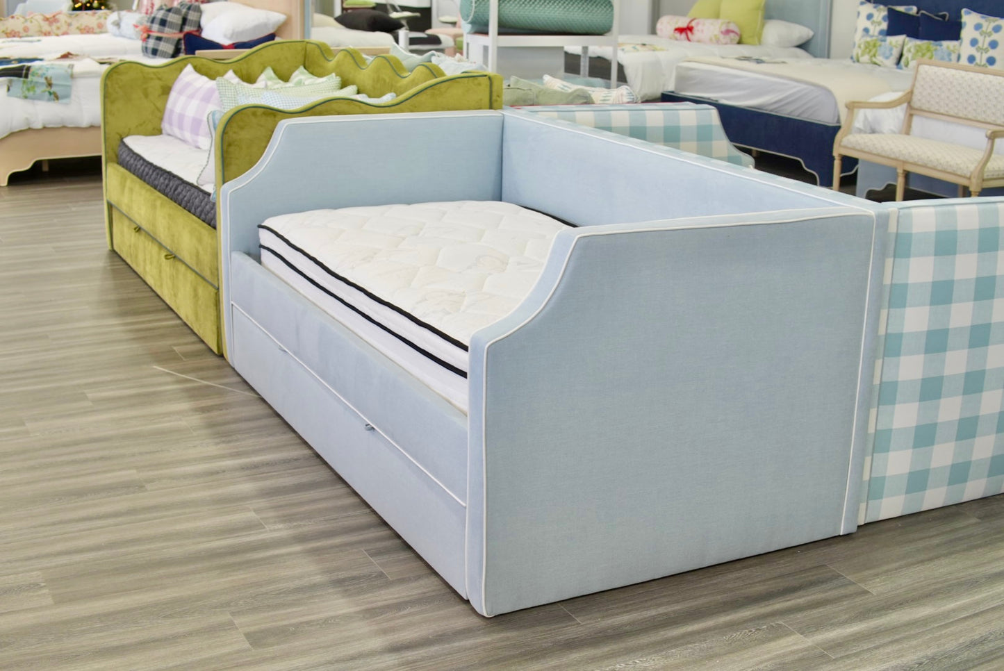 The Addison Twin Trundle Daybed - Sky Blue Woven Fabric - White Trim