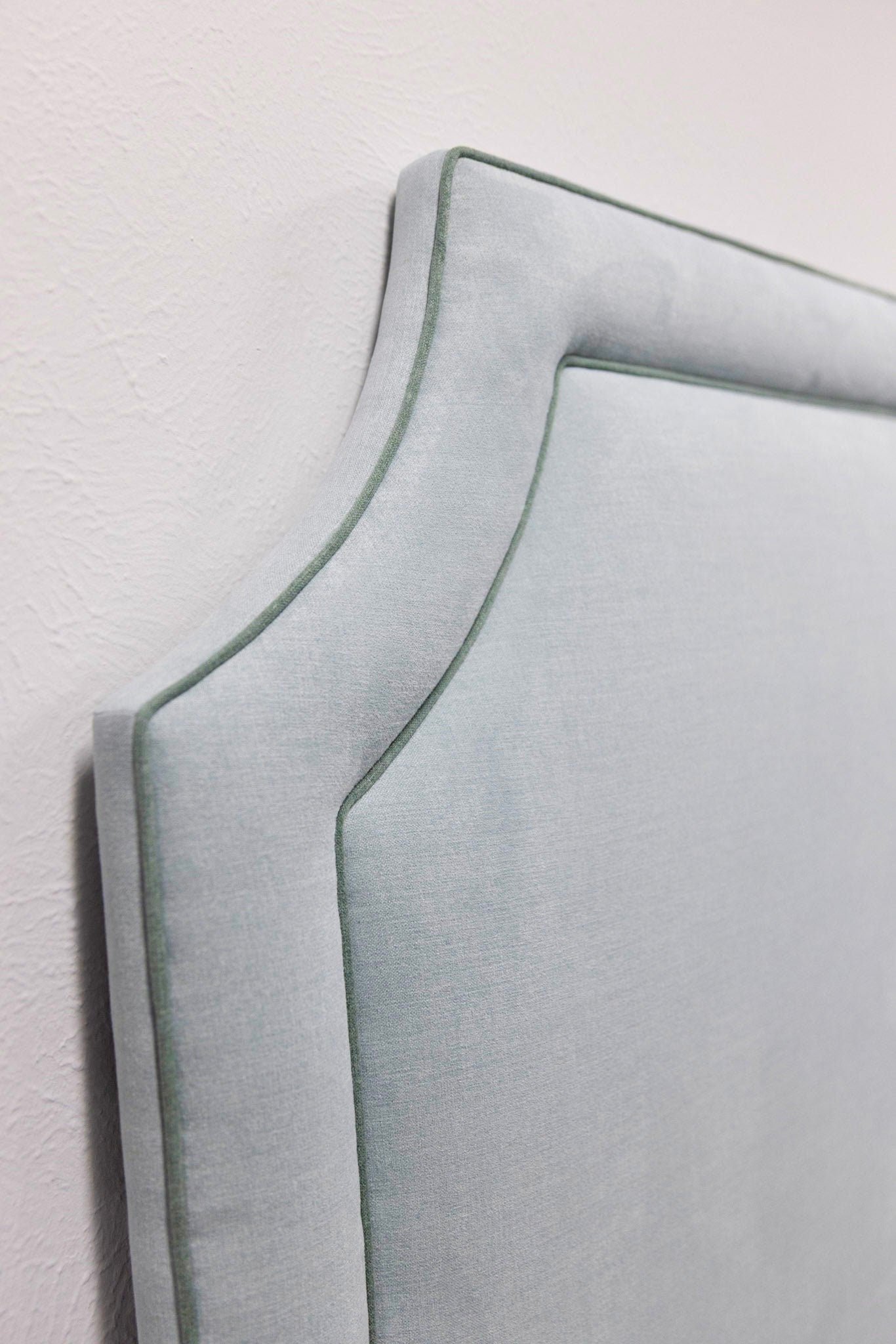 The Addison King Headboard - Seafoam Green Woven Fabric - Sage Green Trim