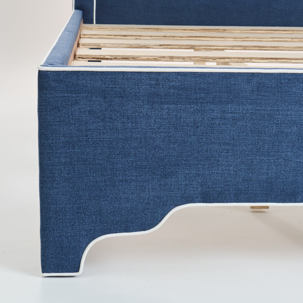 The Addison King Bed - Scalloped Legs - Navy Woven Fabric - White Trim