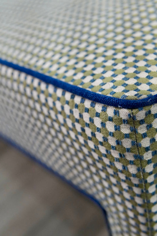 Custom Upholstered Bench in Thibaut Fabric - Navy Trim