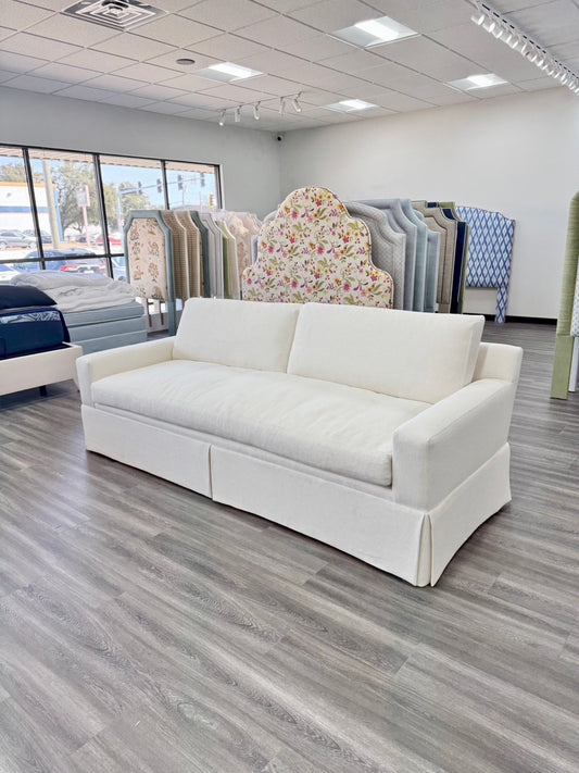 Luxe Feather-Seat Skirted Sofa in Schumacher Upholstery Linen Fabric – Custom Built
