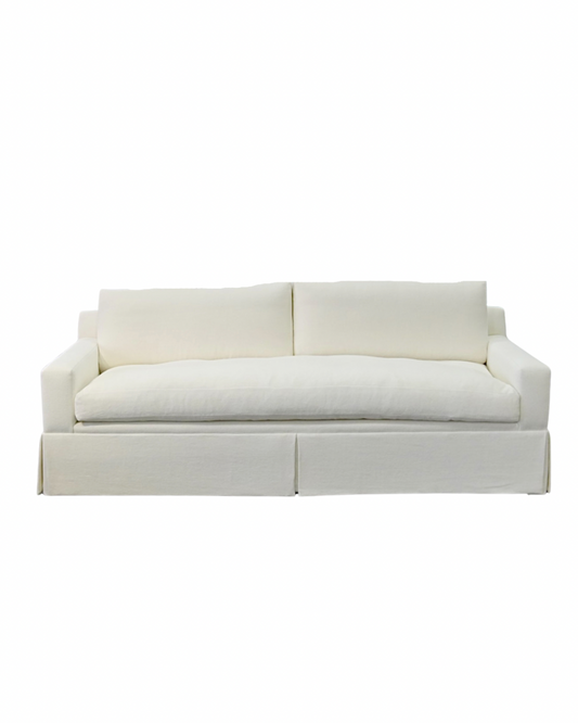 Luxe Feather-Seat Skirted Sofa in Schumacher Designer Upholstery Linen Fabric – Custom Built, In Stock