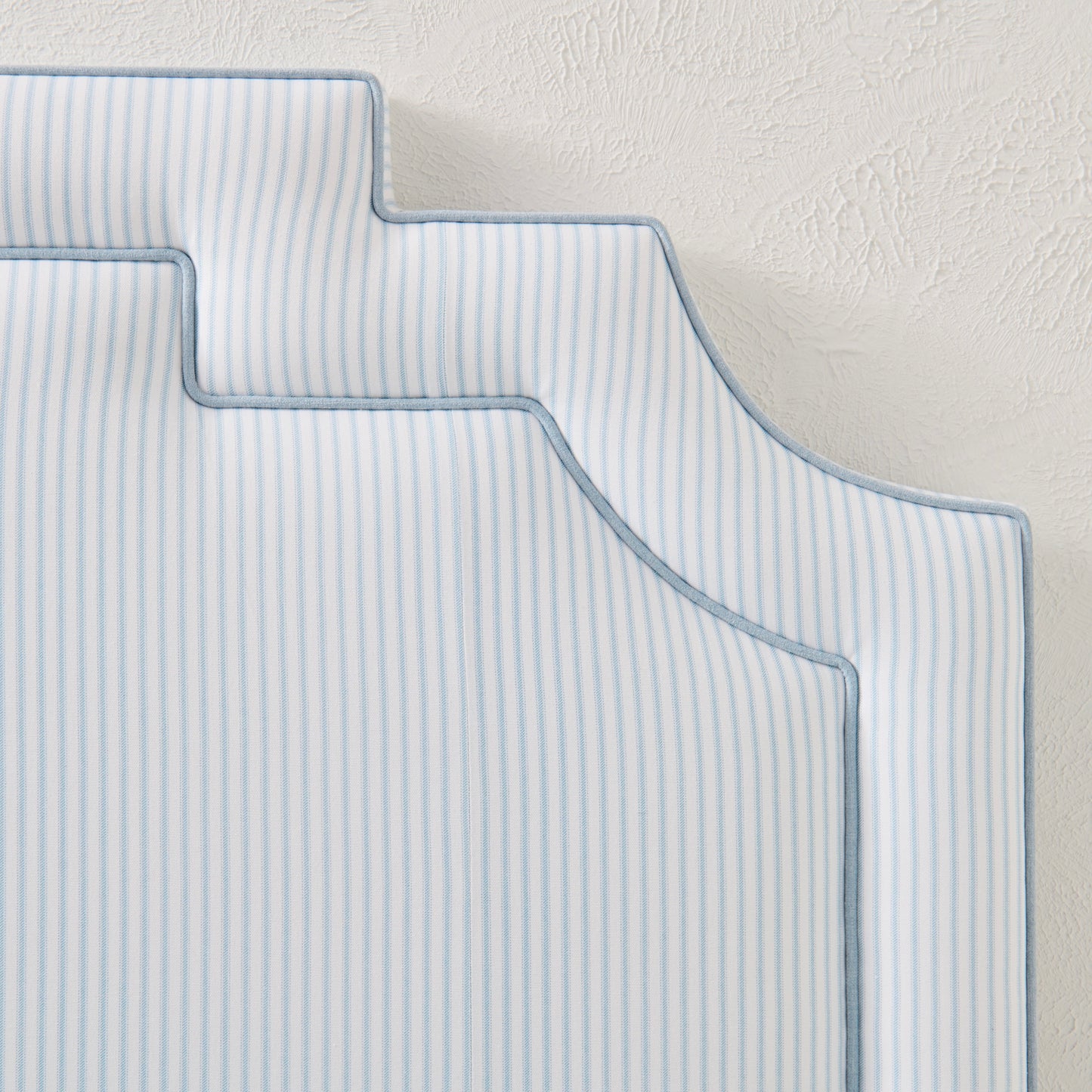 The Martha King Headboard - Classic Blue Stripe Fabric - Sky Blue Trim