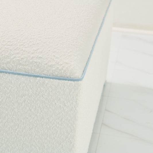 Scalloped Ottoman / Coffee table in White Boucle Fabric - Sky Blue Trim