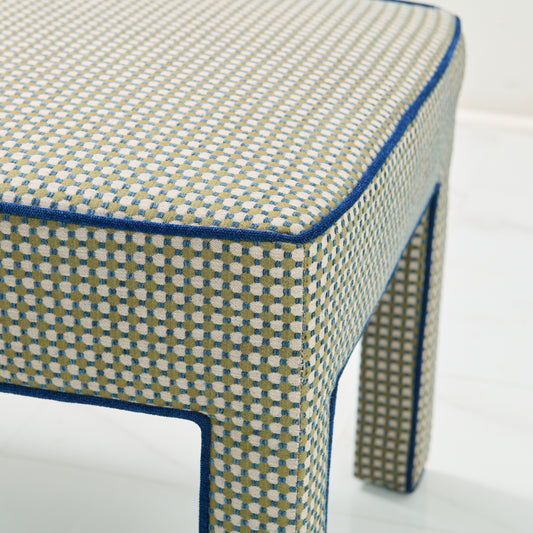 Custom Upholstered Bench in Thibaut Fabric - Navy Trim