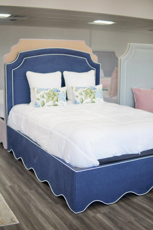 60"H Queen Upholstered Platform Bed - Scalloped Base - Navy Woven Fabric with White Trim