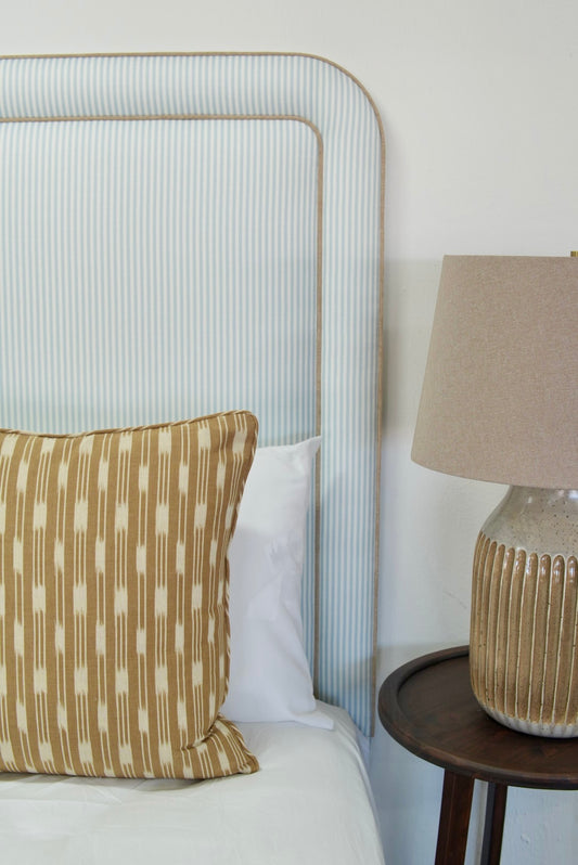 65”H Queen Headboard only - Striped Blue and White Fabric- Mushroom Brown Trim