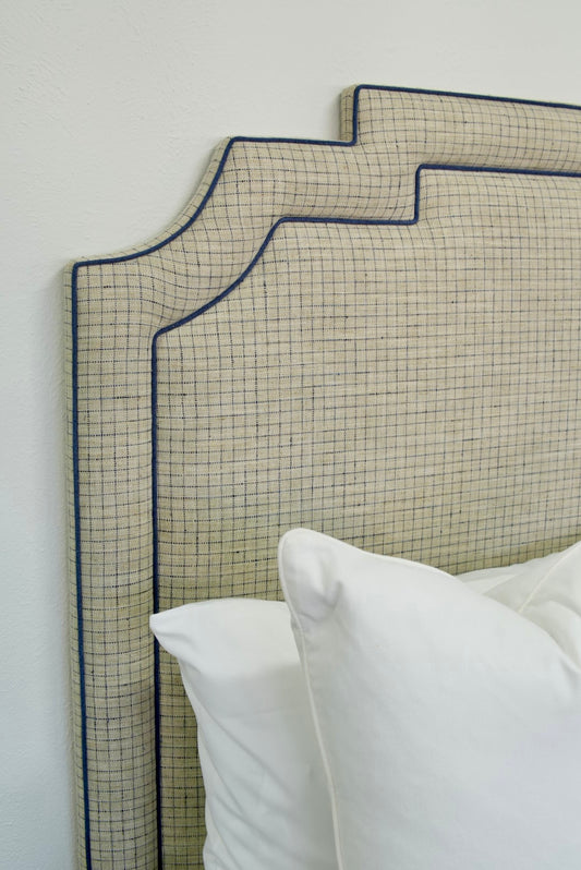 65”H King Headboard Only - Beige Checkered Fabric - Navy Trim