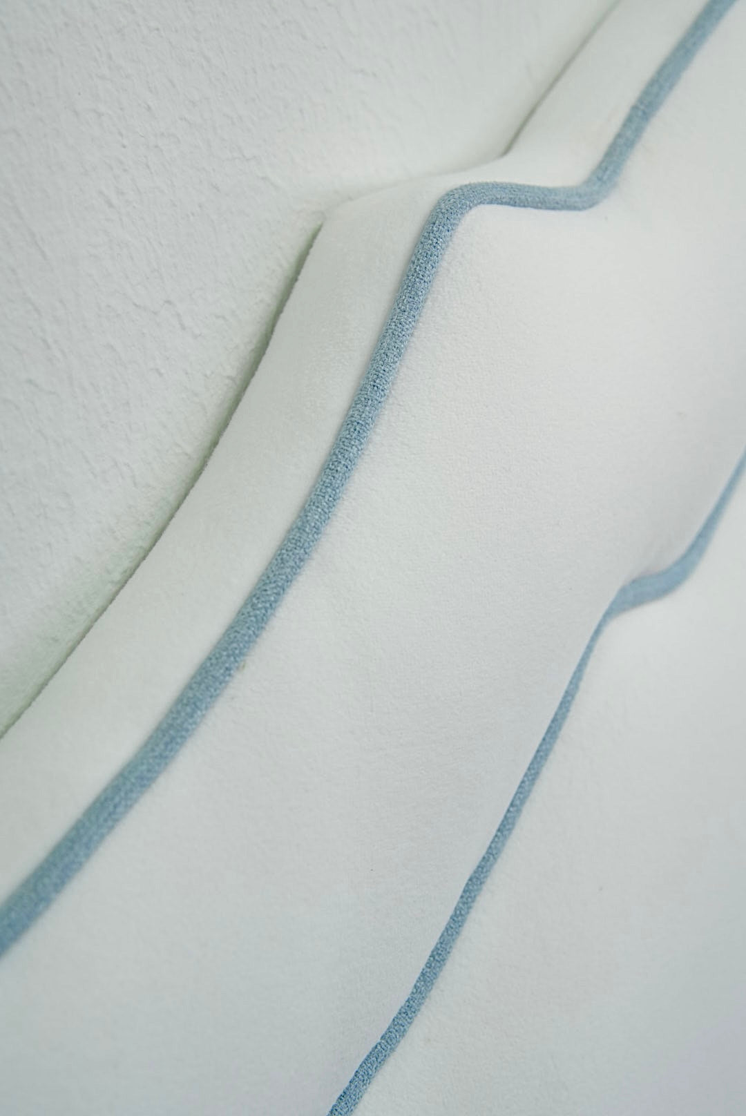 The Grace Queen Headboard - Performance White Velvet Fabric- Sky Blue Trim