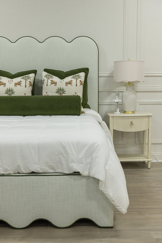 The Waverly Full Size Bed - Ticking Stripe Green Fabric - Forest Green Trim