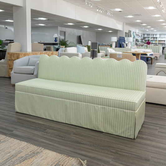 76"L Custom Scalloped Banquette - Green Striped Fabric, White Piping