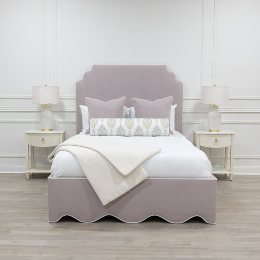 The Helena Queen Bed - Scalloped Base - Lilac Woven Fabric - White Trim