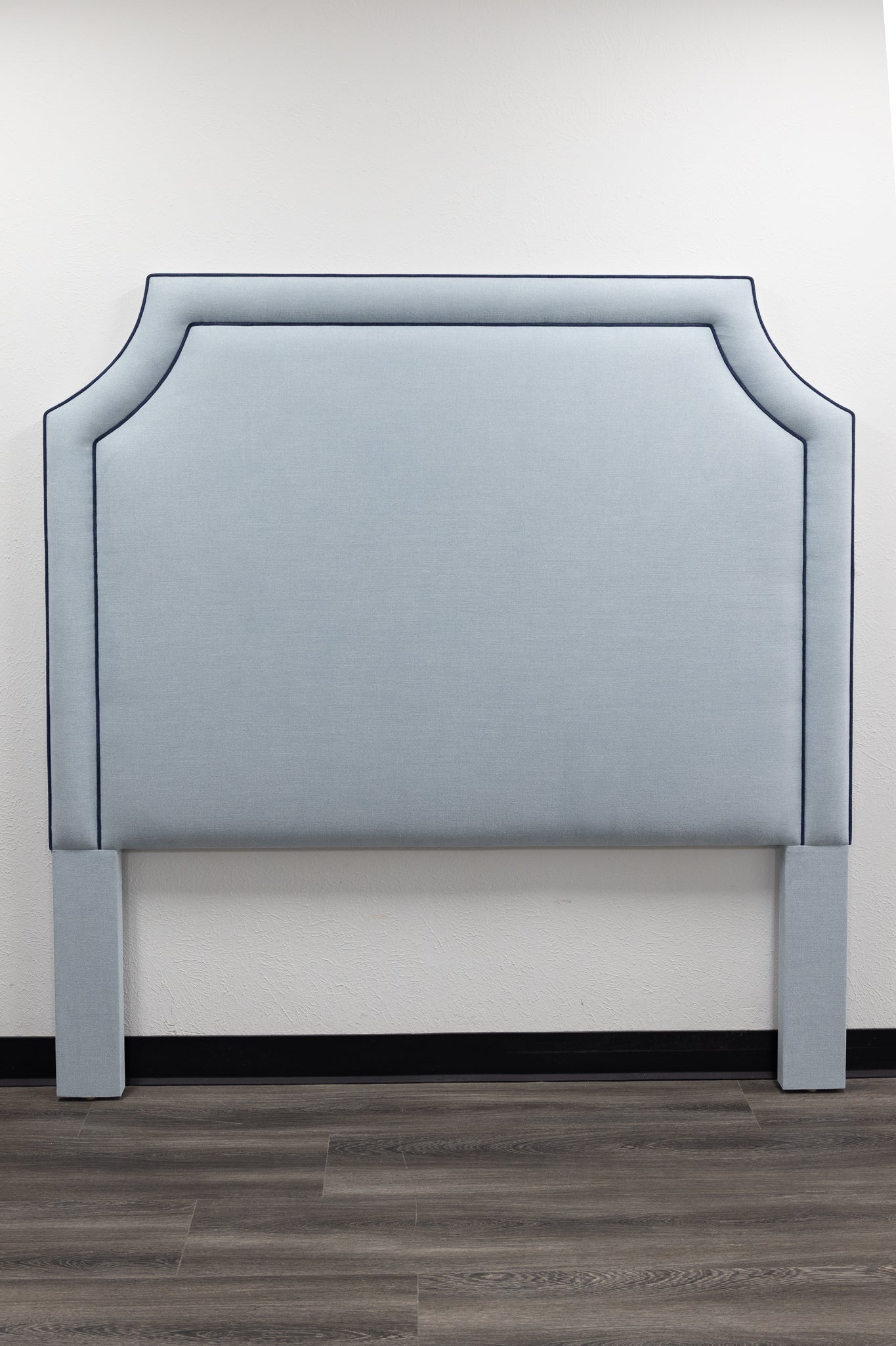 The Addison Queen Headboard - Sky Blue Fabric - Navy Trim