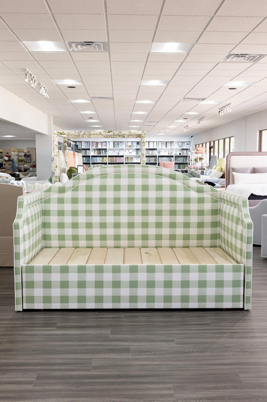 Twin to king Upholstered Trundle Daybed in Sage Green Checkered Fabric - White Trim