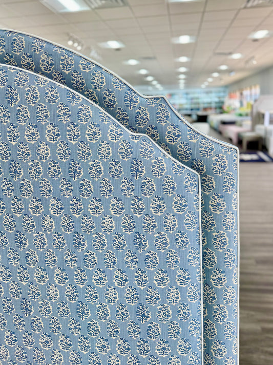 65”H Queen Platform Upholstered Bed - Perry Blue Polyester Fabric with White Trim