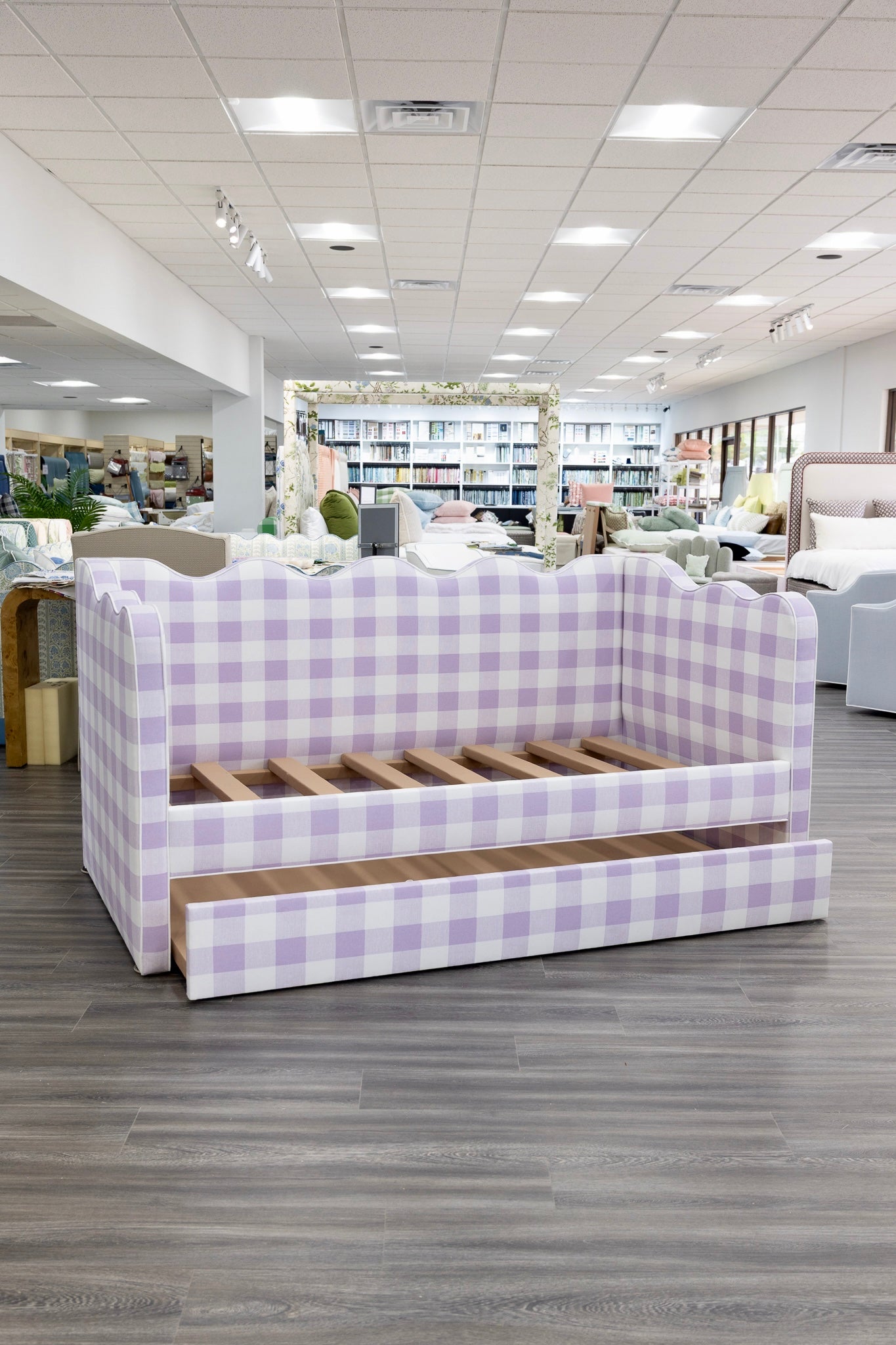 The Waverly Twin Trundle Daybed - Buffalo Orchid Fabric - White Trim