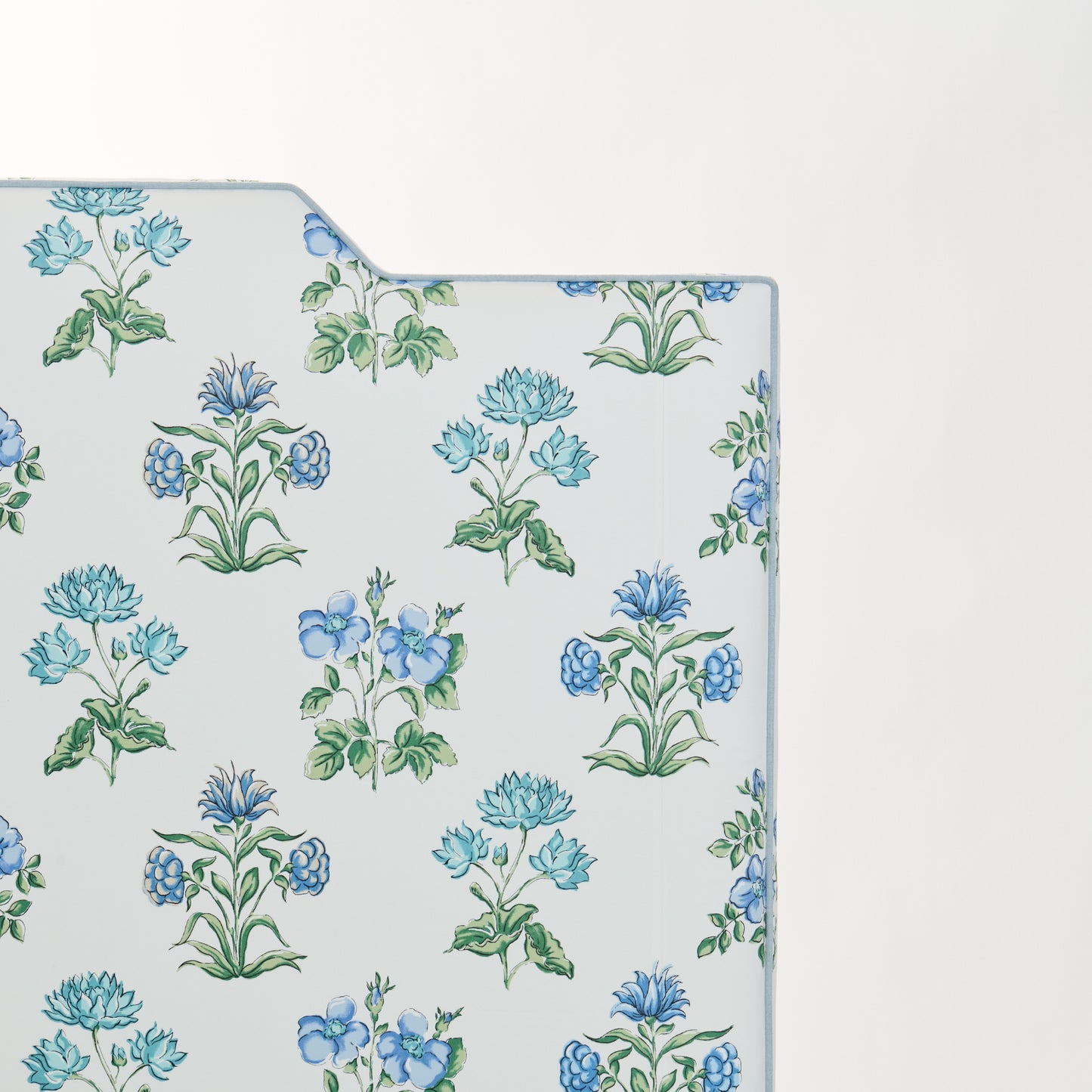 The Celeste Queen Bed - Fabricut Floral Fabric - Sky Blue Trim