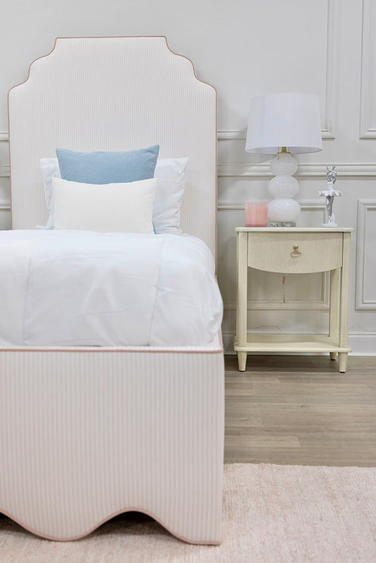 The Helena Twin Bed - Scalloped Base - Classic Ticking Pink Fabric - Pink Trim