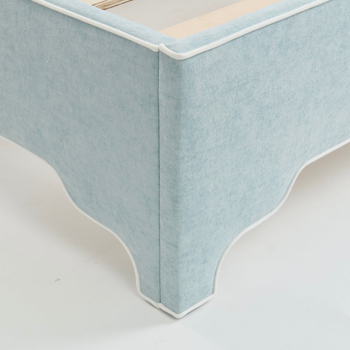 The Addison King Bed - Scalloped Legs - Seafoam Blue Performance Chenille Fabric - White Trim
