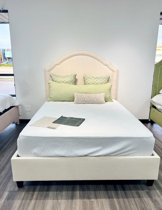 65" H Queen Upholstered Platform Bed - Brown Wooden Legs - Oatmeal Woven Fabric - Self Welted