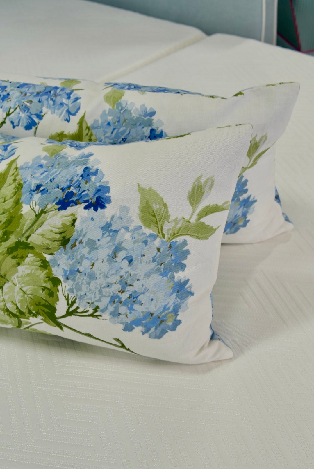 Handcrafted Throw Lumbar Pillows β Blue Hydrangea Schumacher Fabric - 50% Down Feather