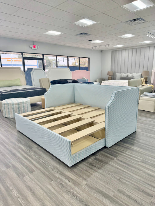 Twin to king Upholstered Trundle Daybed in Blue Gingham fabric - Sky Blue Trim