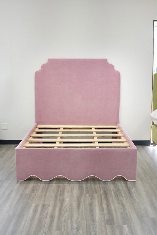 60”H Queen Upholstered Platform Bed - Scalloped Base - Lavender Woven Fabric with White Pink