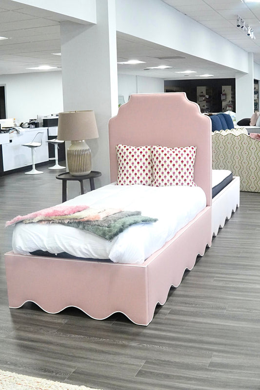 60”H Twin Scalloped Platform Bed in our Blush Pink Linen - White Trim