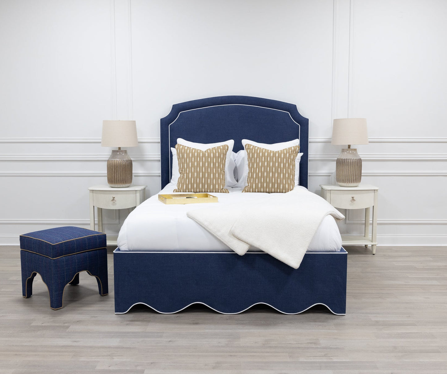 The Aliana Queen Bed - Scalloped Base - Navy Woven Fabric - White Trim