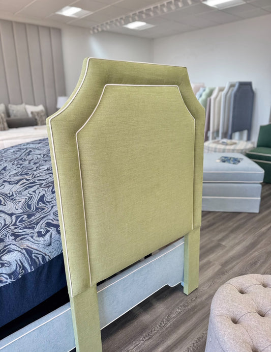 65”H Twin Headboard only - Pistachio Green Woven Fabric with White Trim