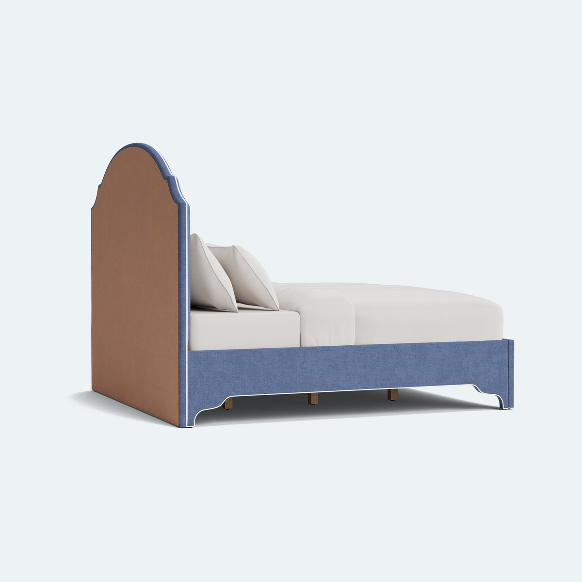 The Grace Queen Bed - Scalloped Legs - Navy Woven Fabric with White Trim