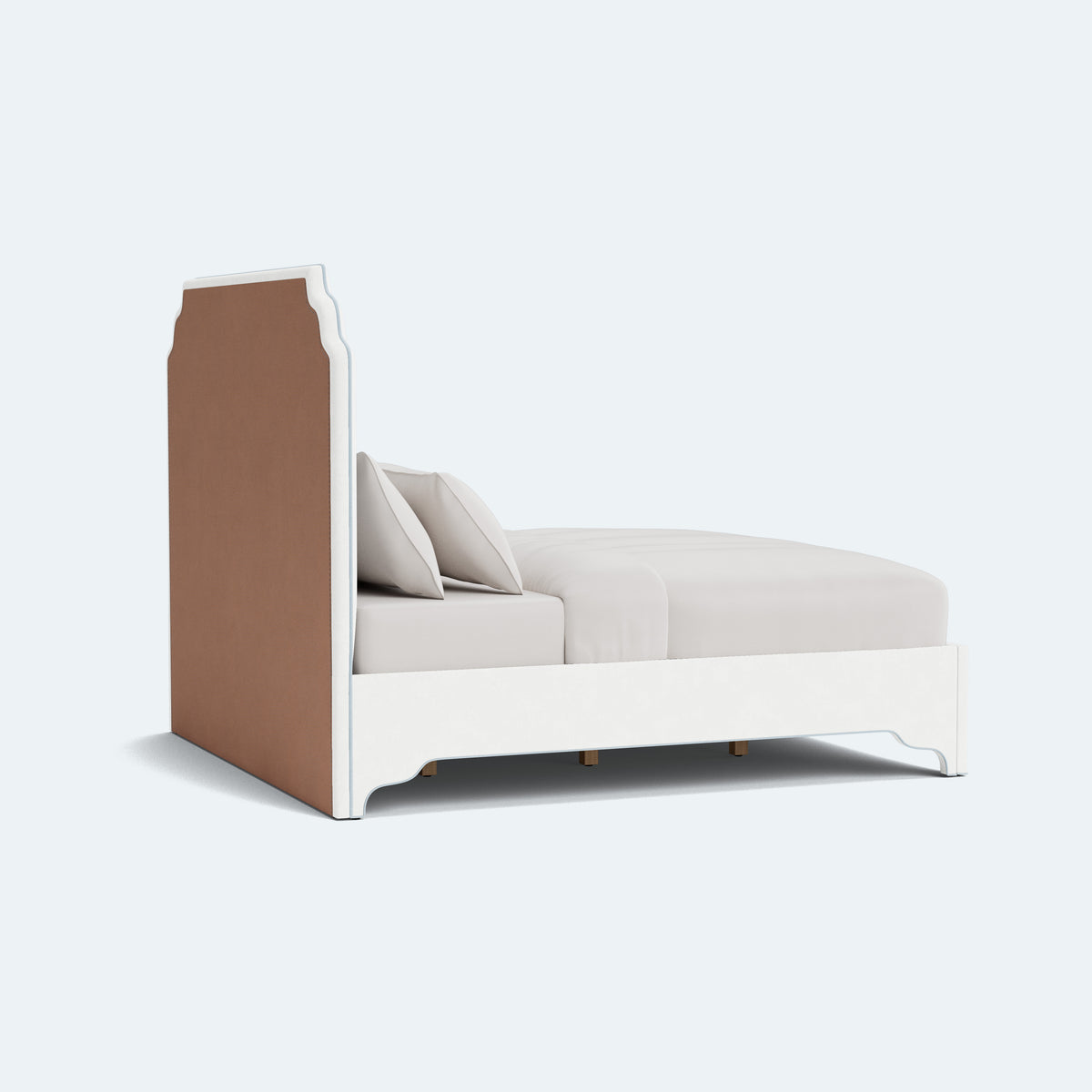 The Helena King Bed - Scalloped Legs - White Performance Velvet Fabric - Sky Blue Trim